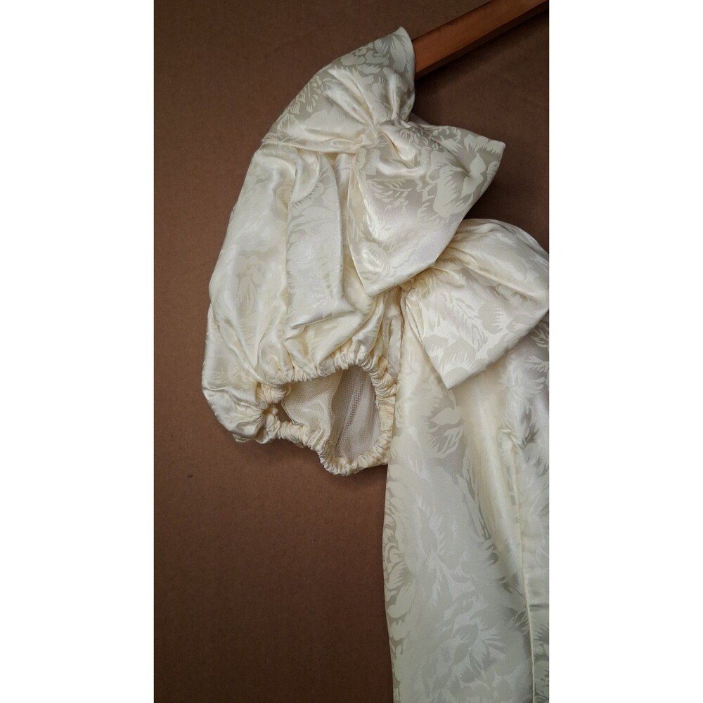 Vintage 80s 90s Satin Wedding Gown with Cathedral Train Romantic Brocade Floral - Picture 7 of 16